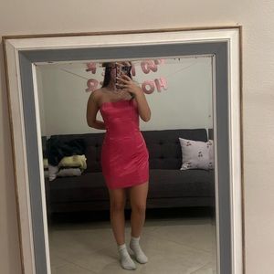 pink satin strapless dress from beginning boutique